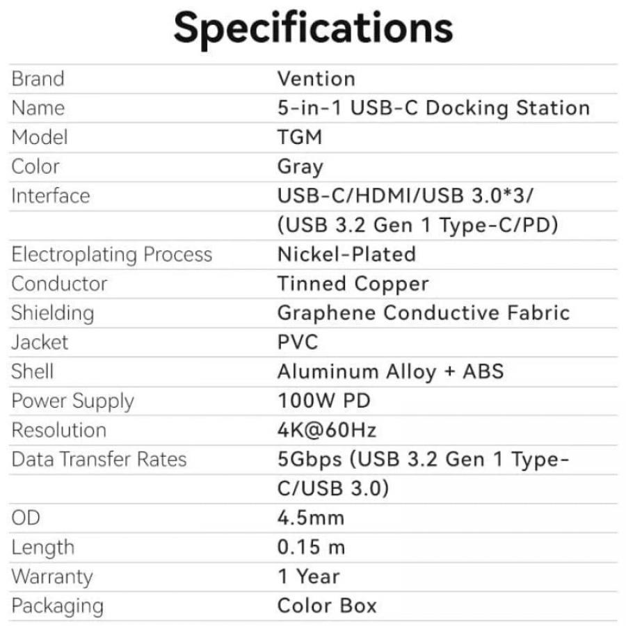 Docking USB Tipo-C Vention TGMHB/ 3xUSB/ 1xHDMI 4K/ 1xUSB Tipo-C PD/ Gris