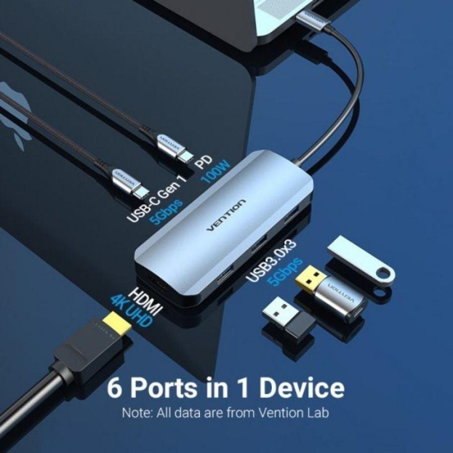 Docking USB Tipo-C Vention TOFHB/ 1xHDMI/ 3xUSB/ 1xUSB Tipo-C/ 1xUSB Tipo-C PD/ Gris