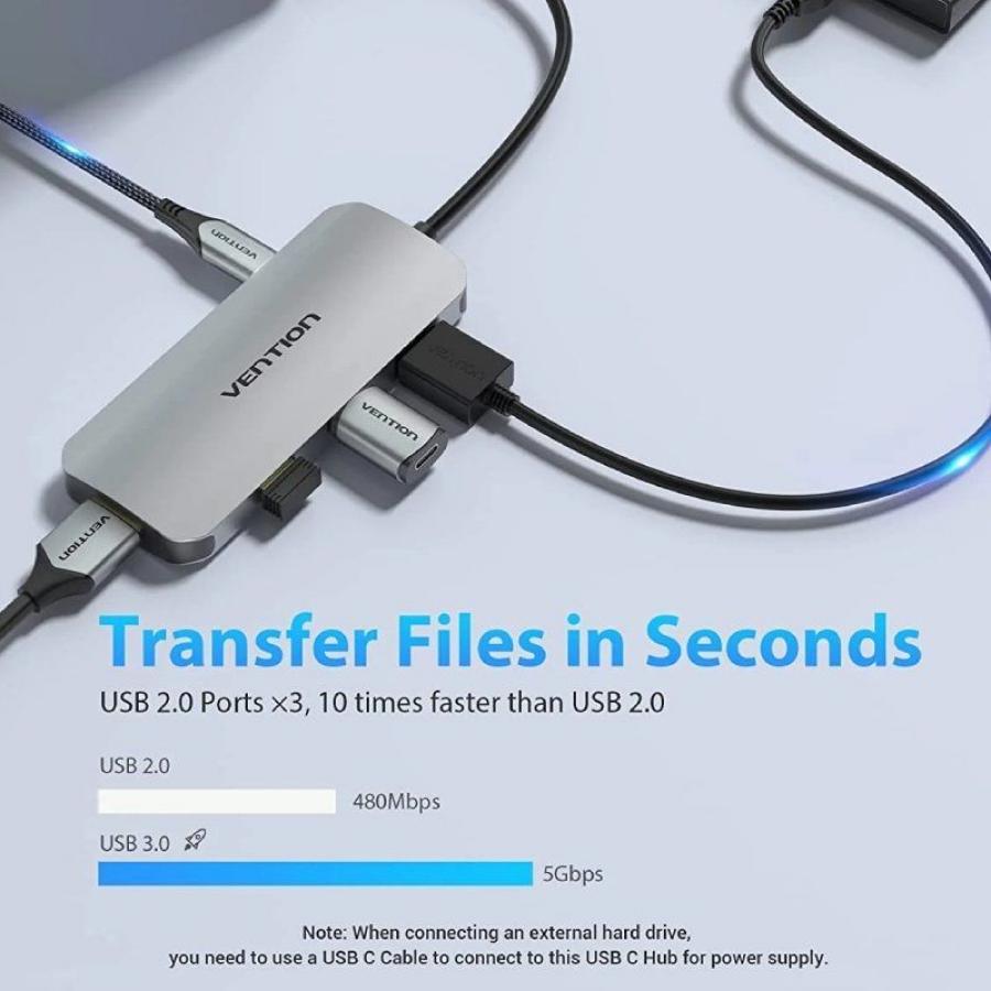 Docking USB Tipo-C Vention TOJHB/ 1xHDMI 4K/ 3xUSB/ 1xUSB Tipo-C/ 1xLector Tarjetas/ Gris