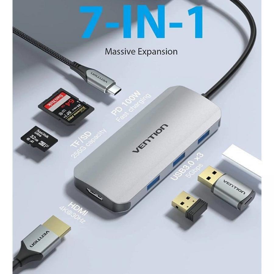Docking USB Tipo-C Vention TOJHB/ 1xHDMI 4K/ 3xUSB/ 1xUSB Tipo-C/ 1xLector Tarjetas/ Gris