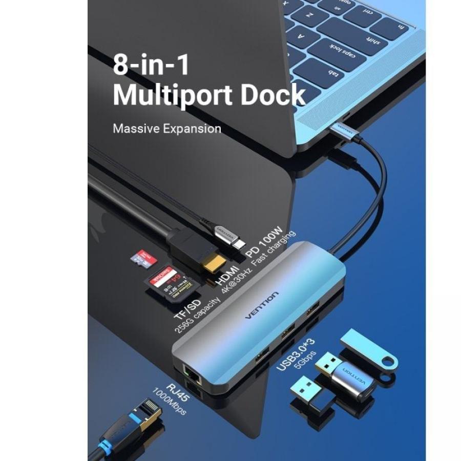 Docking USB Tipo-C Vention TOKHB/ 1xHDMI 4K/ 3xUSB/ 1xUSB Tipo-C PD/ 1xRJ45/ 1xLector Tarjetas SD y MicroSD/ Gris