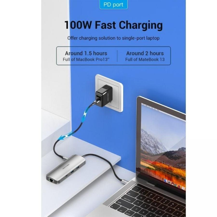 Docking USB Tipo-C Vention TOMHB/ 1xHDMI 4K/ 2xUSB/ 1xUSB Tipo-C/ 1xUSB Tipo-C PD/ 1xRJ45/ 1xLector Tarjetas SD y MicroSD/ Jack 