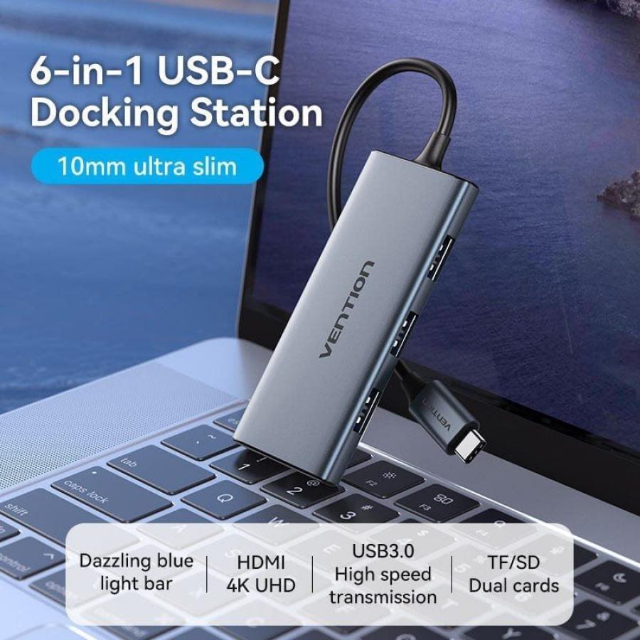 Docking USB Tipo-C Vention TOOHB/ 1xHDMI 4K/ 3xUSB/ 1xLector Tarjetas/ Gris