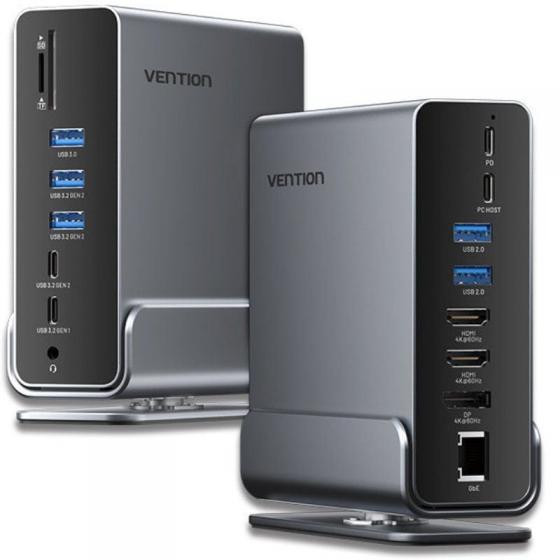 Docking USB Tipo-C Vention TPUH0/ 2xHDMI 4K/ 1xDisplayPort/ 3xUSB Tipo-C/ 5xUSB/ 1xRJ45/ 1xLector de Tarjetas/ 1xJack 3.5/ 1xUSB