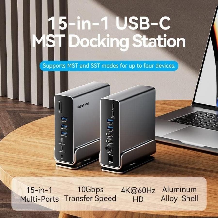 Docking USB Tipo-C Vention TPUH0/ 2xHDMI 4K/ 1xDisplayPort/ 3xUSB Tipo-C/ 5xUSB/ 1xRJ45/ 1xLector de Tarjetas/ 1xJack 3.5/ 1xUSB