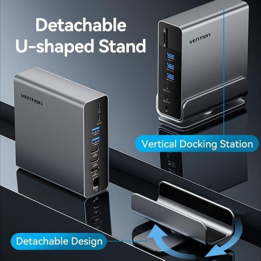 Docking USB Tipo-C Vention TPUH0/ 2xHDMI 4K/ 1xDisplayPort/ 3xUSB Tipo-C/ 5xUSB/ 1xRJ45/ 1xLector de Tarjetas/ 1xJack 3.5/ 1xUSB
