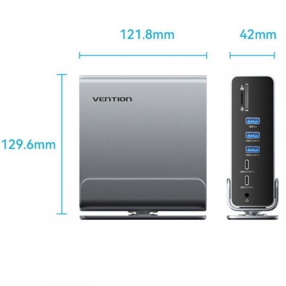 Docking USB Tipo-C Vention TPUH0/ 2xHDMI 4K/ 1xDisplayPort/ 3xUSB Tipo-C/ 5xUSB/ 1xRJ45/ 1xLector de Tarjetas/ 1xJack 3.5/ 1xUSB