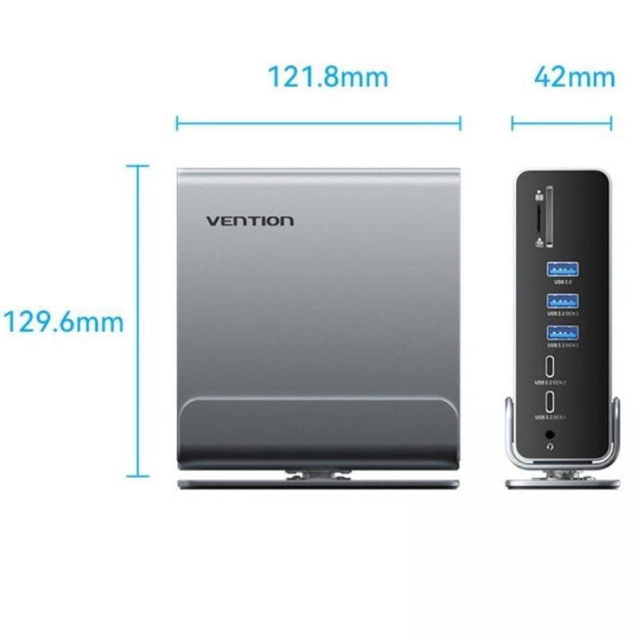 Docking USB Tipo-C Vention TPUH0/ 2xHDMI 4K/ 1xDisplayPort/ 3xUSB Tipo-C/ 5xUSB/ 1xRJ45/ 1xLector de Tarjetas/ 1xJack 3.5/ 1xUSB