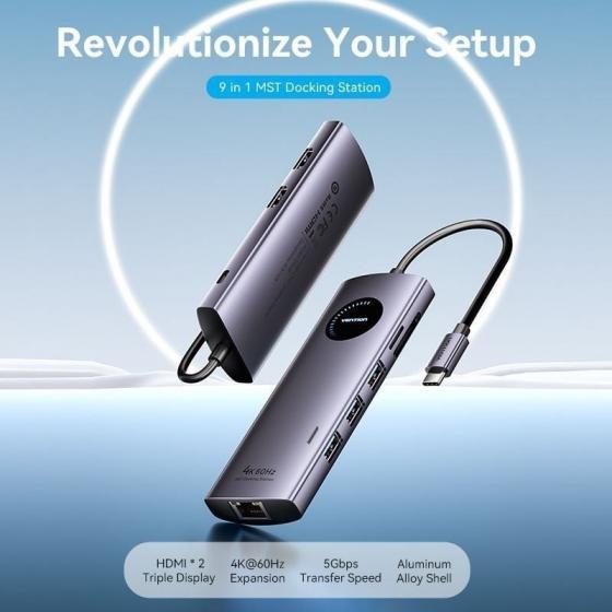 Docking USB Tipo-C Vention TQVHB/ 2xHDMI 4K/ 3xUSB/ 1xRJ45/ 1xLector de Tarjetas/ 1xUSB Tipo-C PD/ Gris