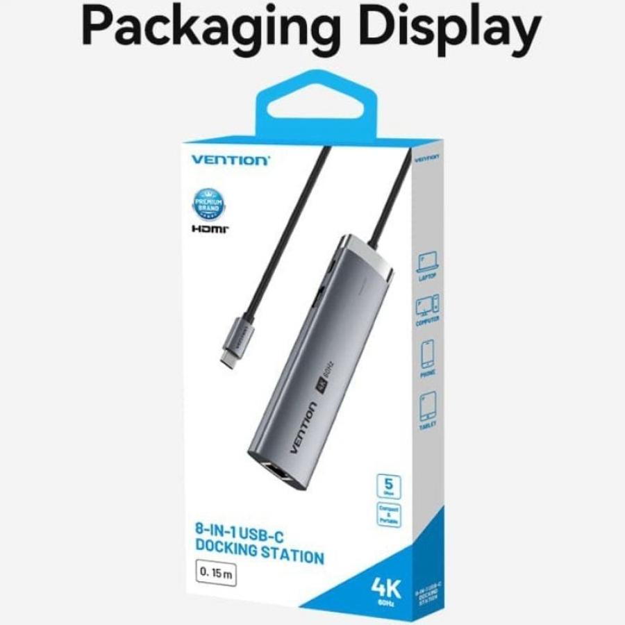 Docking USB Tipo-C Vention TGUHB/ RJ45/ 2xUSB/ 1xUSB Tipo-C/ 1xHDMI/ 1xUSB Tipo-C PD/ 1xLector de Tarjetas/ Gris