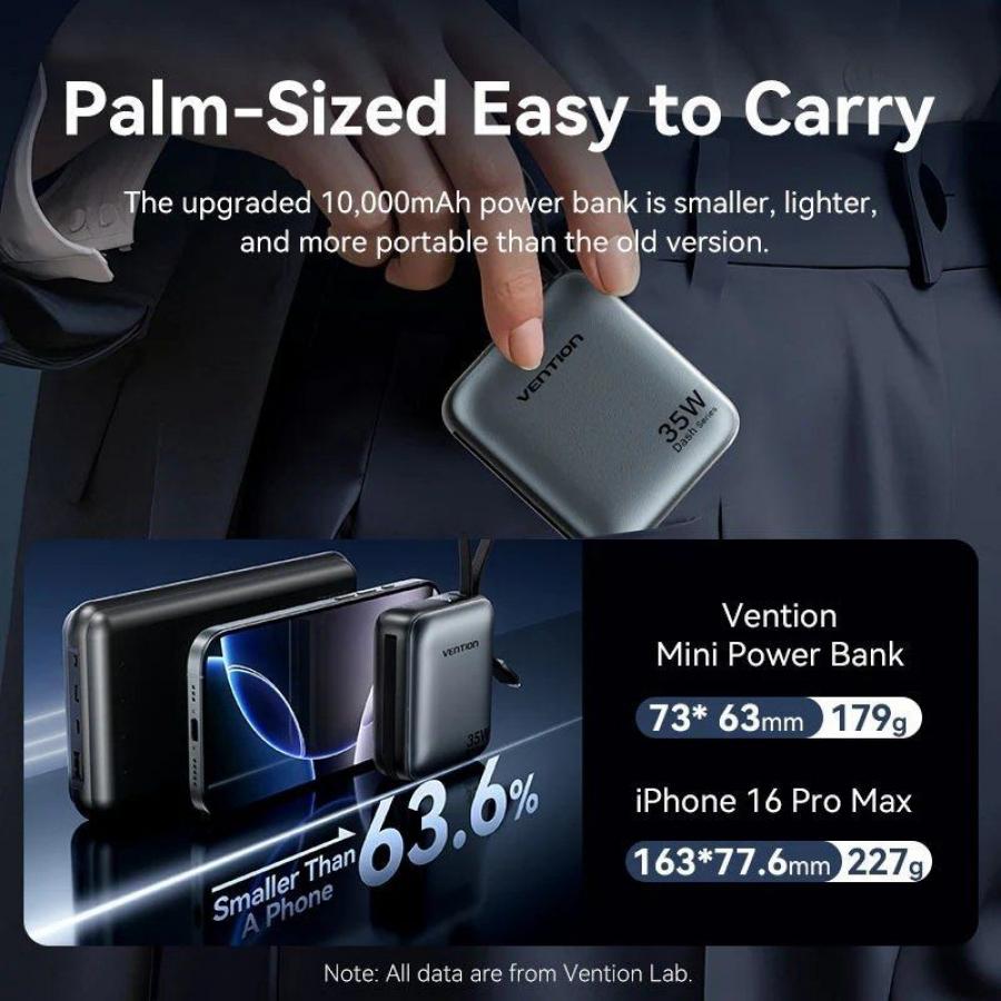 Powerbank 10000mAh Vention FHFN0/ 35W/ Gris/ Incluye Cable USB TIpo-C y Lightning