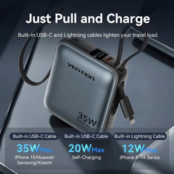 Powerbank 10000mAh Vention FHFN0/ 35W/ Gris/ Incluye Cable USB TIpo-C y Lightning