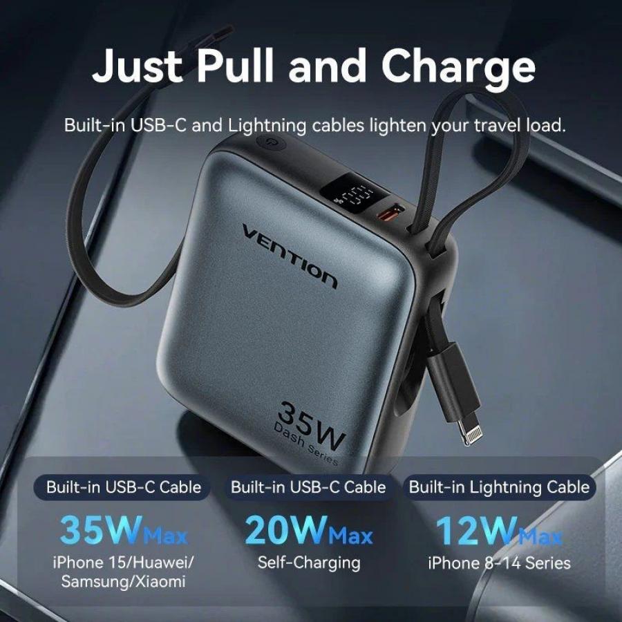 Powerbank 10000mAh Vention FHFN0/ 35W/ Gris/ Incluye Cable USB TIpo-C y Lightning