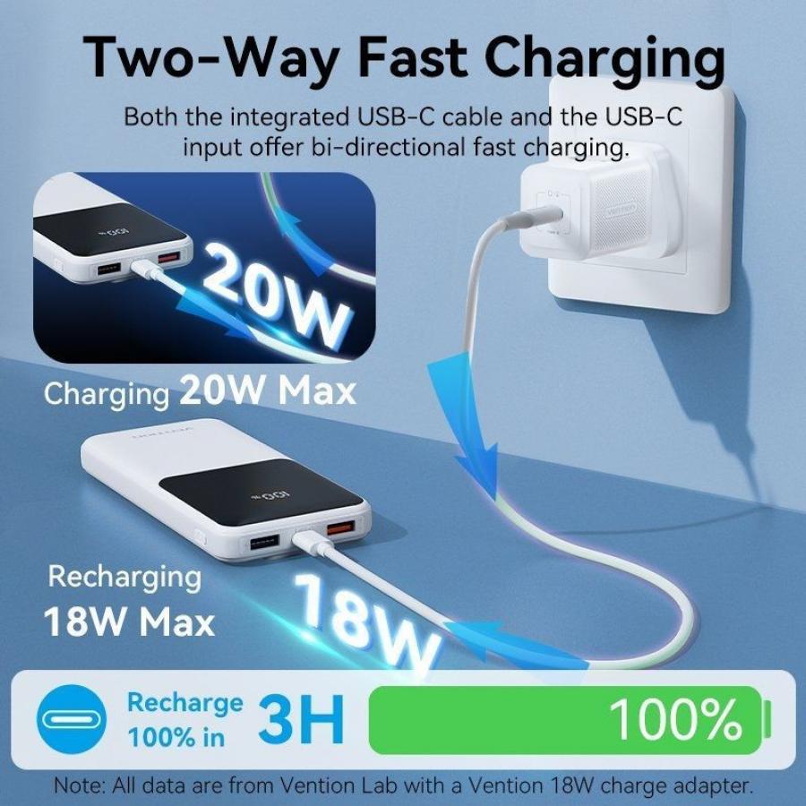 Powerbank 10000mAh Vention FHOW0/ 22.5W/ Blanca/ Incluye Cable USB Tipo-C y Lightning