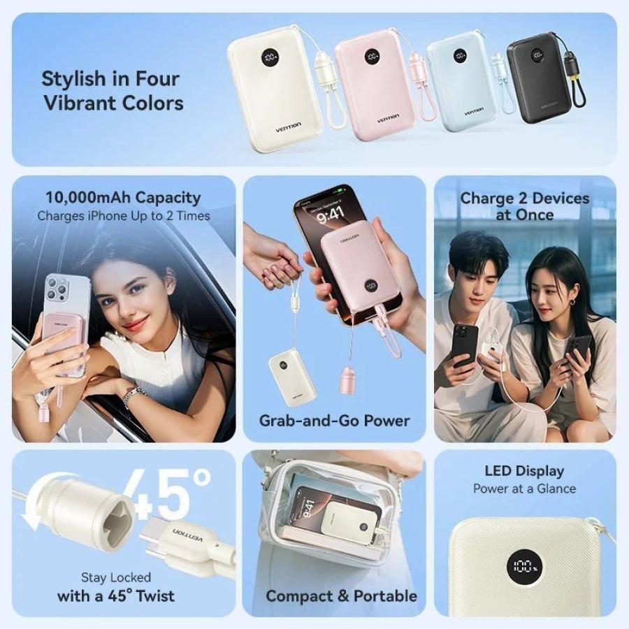 Powerbank 10000mAh Vention FKAP0-C/ 22.5W/ Rosa/ Incluye Cable USB Tipo-C