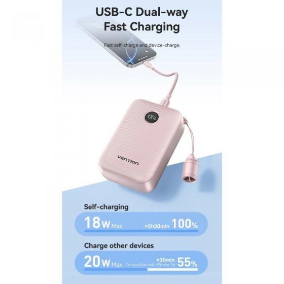 Powerbank 20000mAh Vention FKBB0-C/ 22.5W/ Negro/ Incluye Cable USB Tipo-C