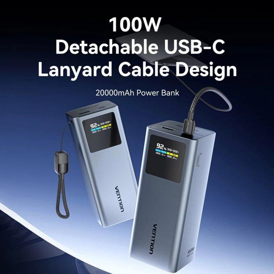 Powerbank 20000mAh Vention FKCH0/ 100W/ Gris/ Incluye Cable USB Tipo-C