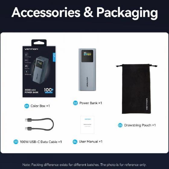 Powerbank 20000mAh Vention FKCH0/ 100W/ Gris/ Incluye Cable USB Tipo-C