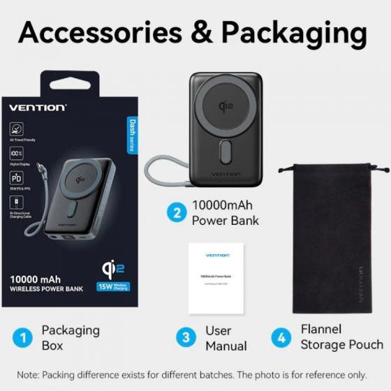 Powerbank 10000mAh Vention FKHH0/ 35W/ Wireless/ Gris/ Incluye Cable USB Tipo-C