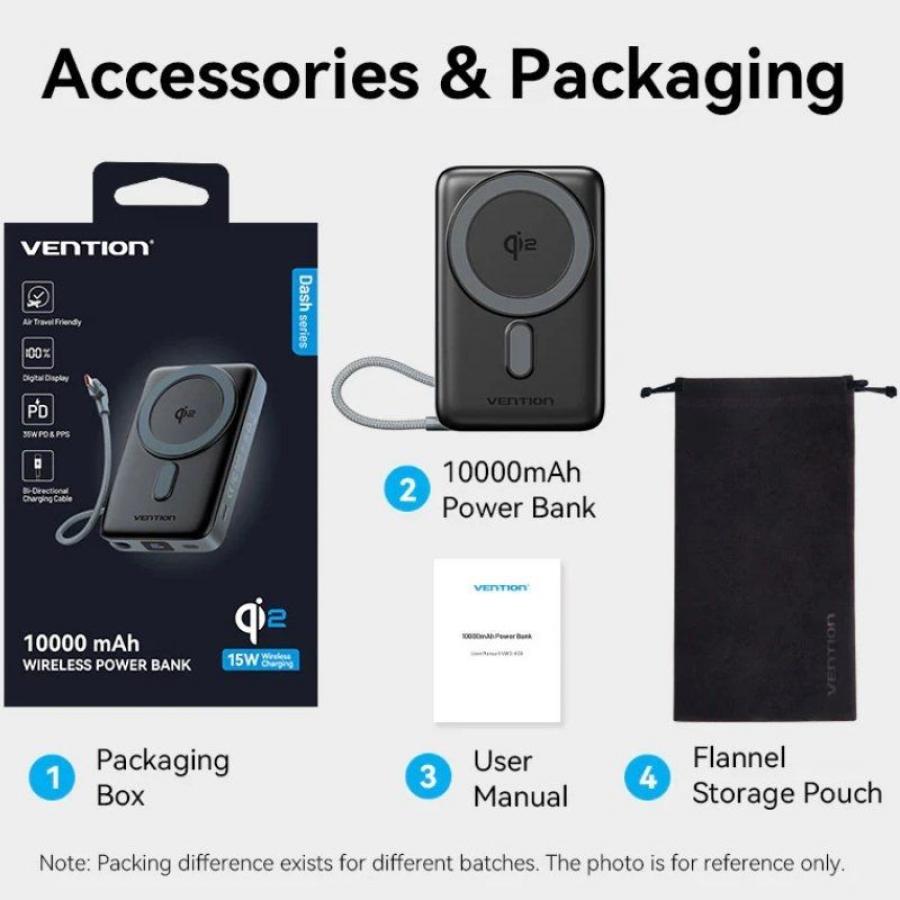 Powerbank 10000mAh Vention FKHH0/ 35W/ Wireless/ Gris/ Incluye Cable USB Tipo-C