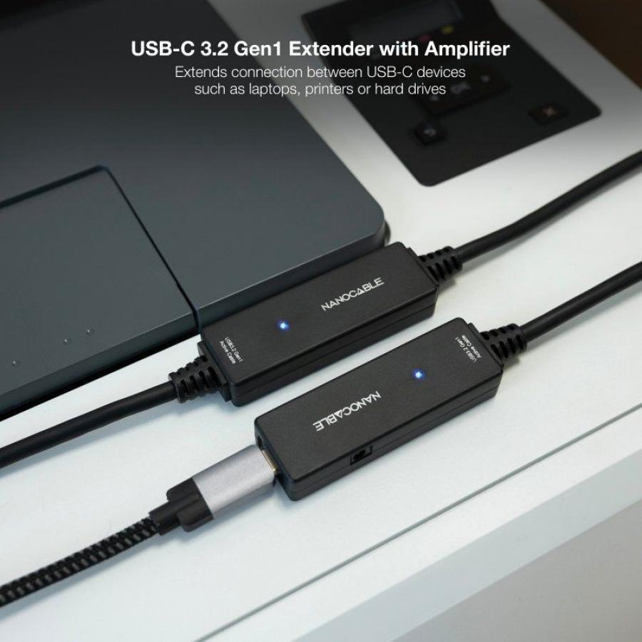 Cable Alargador USB Tipo-C 3.2 con Amplificador Nanocable 10.01.1312/ USB Tipo-C Macho - USB Tipo-C Hembra/ 10m/ Negro