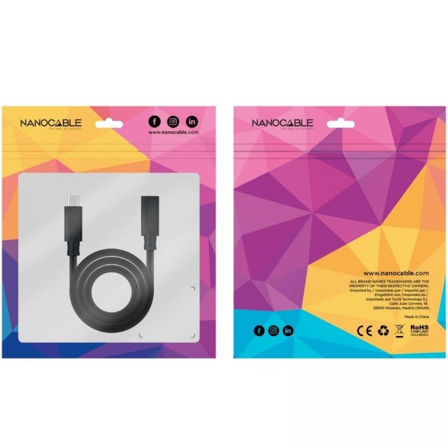 Cable Alargador USB Tipo-C 3.2 Nanocable 10.01.4500/ USB Tipo-C Macho - USB Tipo-C Hembra/ 50cm/ Negro