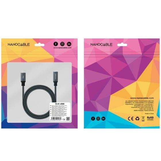 Cable Alargador USB Tipo-C 3.2 Nanocable 10.01.4501-COMB/ USB Tipo-C Macho - USB Tipo-C Hembra/ 1m/ Negro