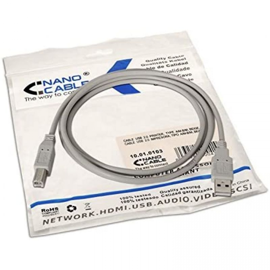 Cable USB 2.0 Impresora Nanocable 10.01.0103/ USB Tipo-B Macho - USB Macho/ 1.8m/ Beige