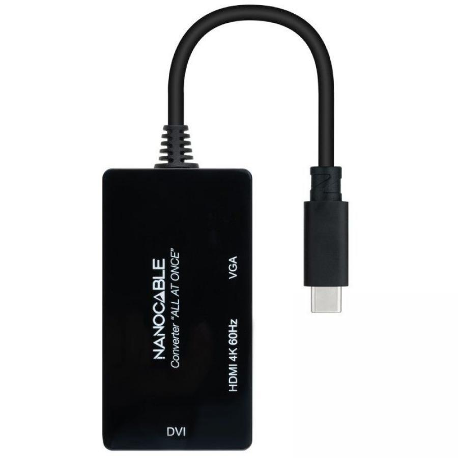 Conversor Nanocable 10.16.4301-ALL/ USB Tipo-C Macho - HDMI Hembra - DVI-I Hembra - VGA Hembra/ 20cm/ Negro