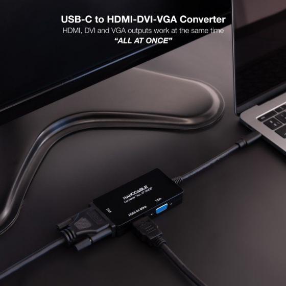 Conversor Nanocable 10.16.4301-ALL/ USB Tipo-C Macho - HDMI Hembra - DVI-I Hembra - VGA Hembra/ 20cm/ Negro