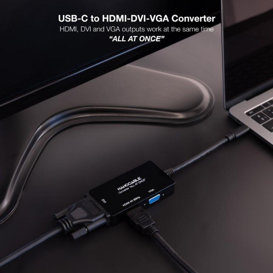 Conversor Nanocable 10.16.4301-ALL/ USB Tipo-C Macho - HDMI Hembra - DVI-I Hembra - VGA Hembra/ 20cm/ Negro