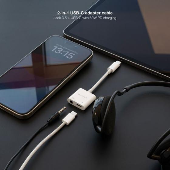 Adaptador Audio Nanocable 10.24.1206/ USB Tipo-C Macho - Jack 3.5 Hembra/ USB Tipo-C Hembra/ Blanco