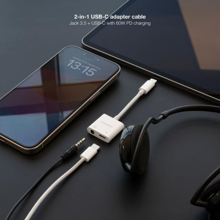 Adaptador Audio Nanocable 10.24.1206/ USB Tipo-C Macho - Jack 3.5 Hembra/ USB Tipo-C Hembra/ Blanco
