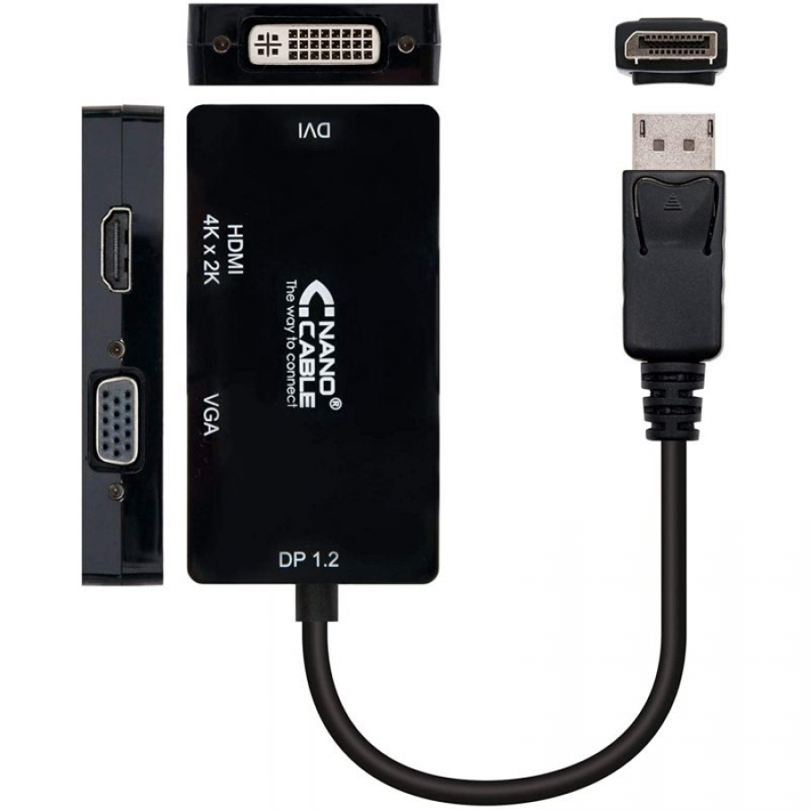 Cable Conversor Nanocable 10.16.3301-BK/ Displayport Macho - VGA Hembra/ DVI Hembra/ HDMI Hembra/ 15cm/ Negro