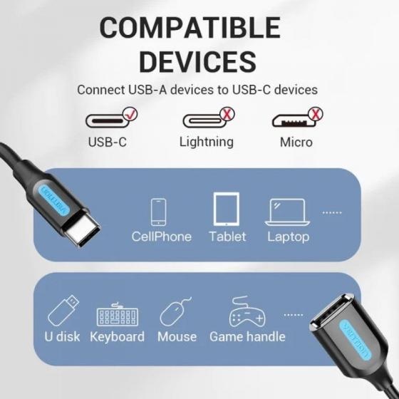 Cable USB 2.0 Vention CCSBB/ USB Tipo-C Macho - USB Hembra/ 15cm/ 480Mbps/ Negro