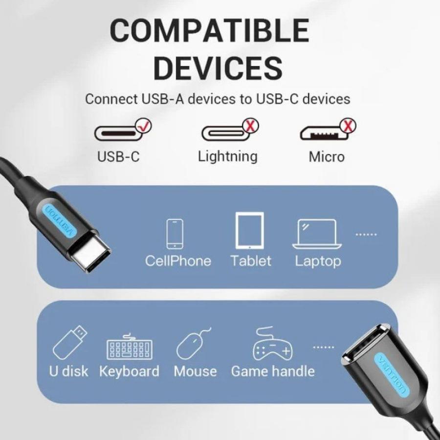 Cable USB 2.0 Vention CCSBB/ USB Tipo-C Macho - USB Hembra/ 15cm/ 480Mbps/ Negro