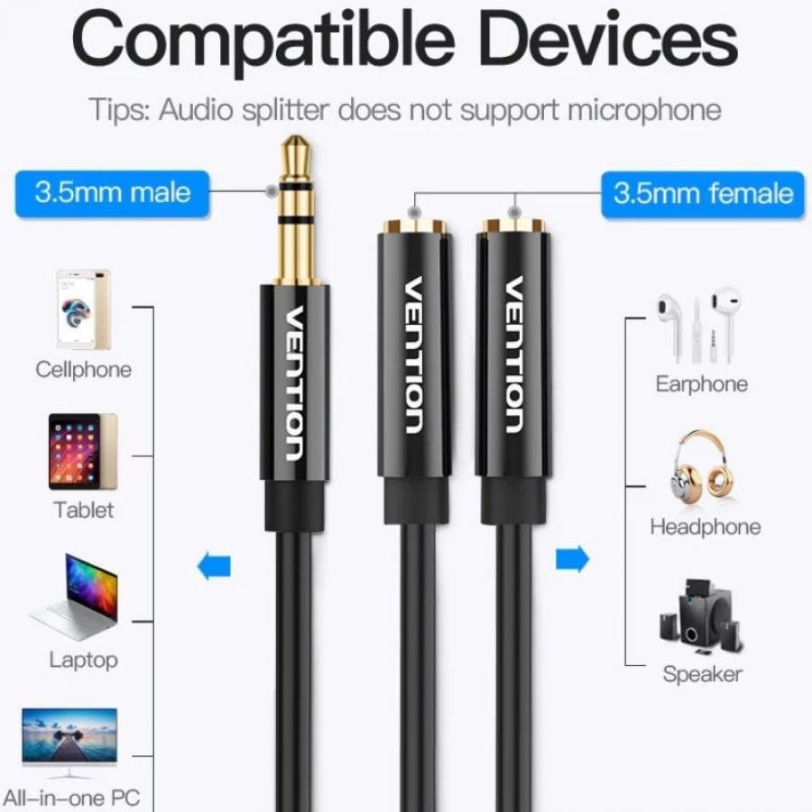 Cable Estéreo Vention BBSBY/ Jack 3.5 Macho - 2x Jack 3.5 Hembra/ 30cm/ Negro