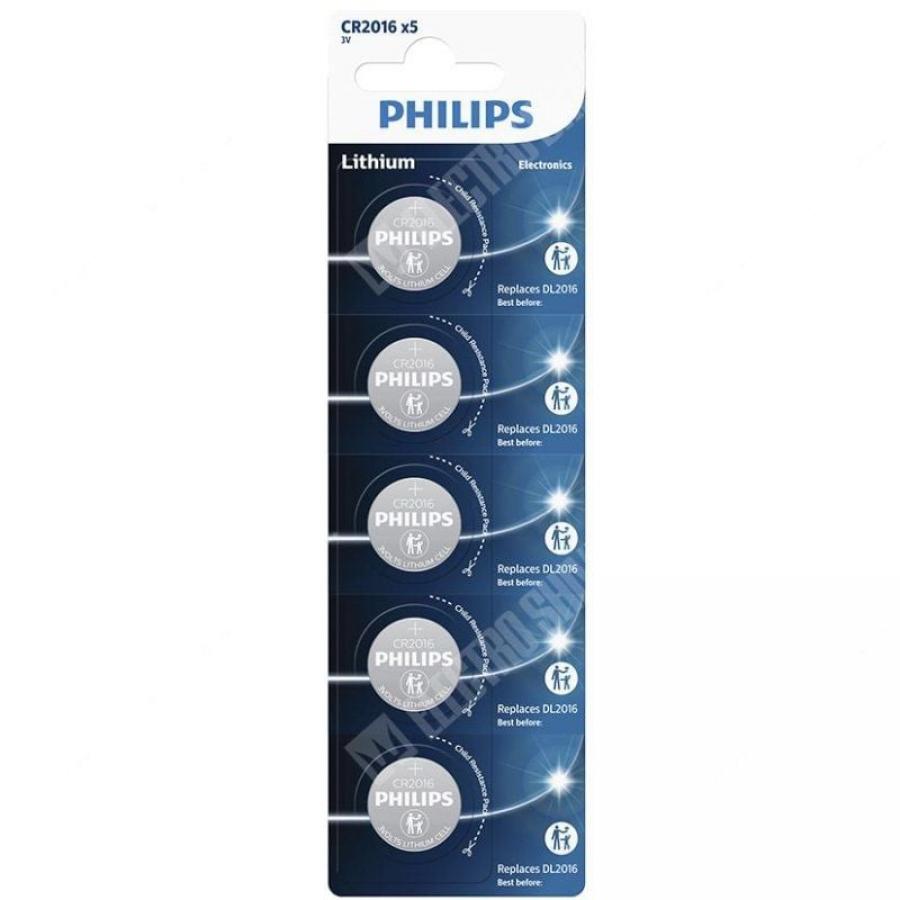 Pack de 5 Pilas de Botón Philips CR2016P5/01B Lithium/ 3V