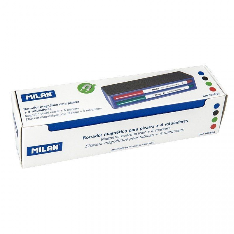 Pack Milan 165894/ Borrador de Pizarra Magnético + 4 Rotuladores para Pizarra/ 3.7mm/ Colores Surtidos