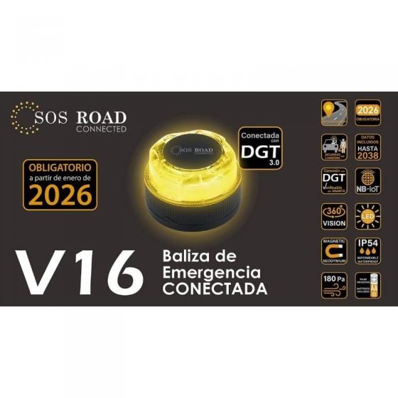 Luz baliza de emergencia para coche SOS Road Connected EL2024 V16/ Homologada/ Base Imantada/ Geolocalizable/ Funciona a Pilas
