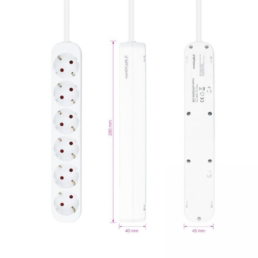 Regleta Nanocable 10.37.0006-NS/ 6 Tomas de Corriente/ Cable 1.4m/ Blanca
