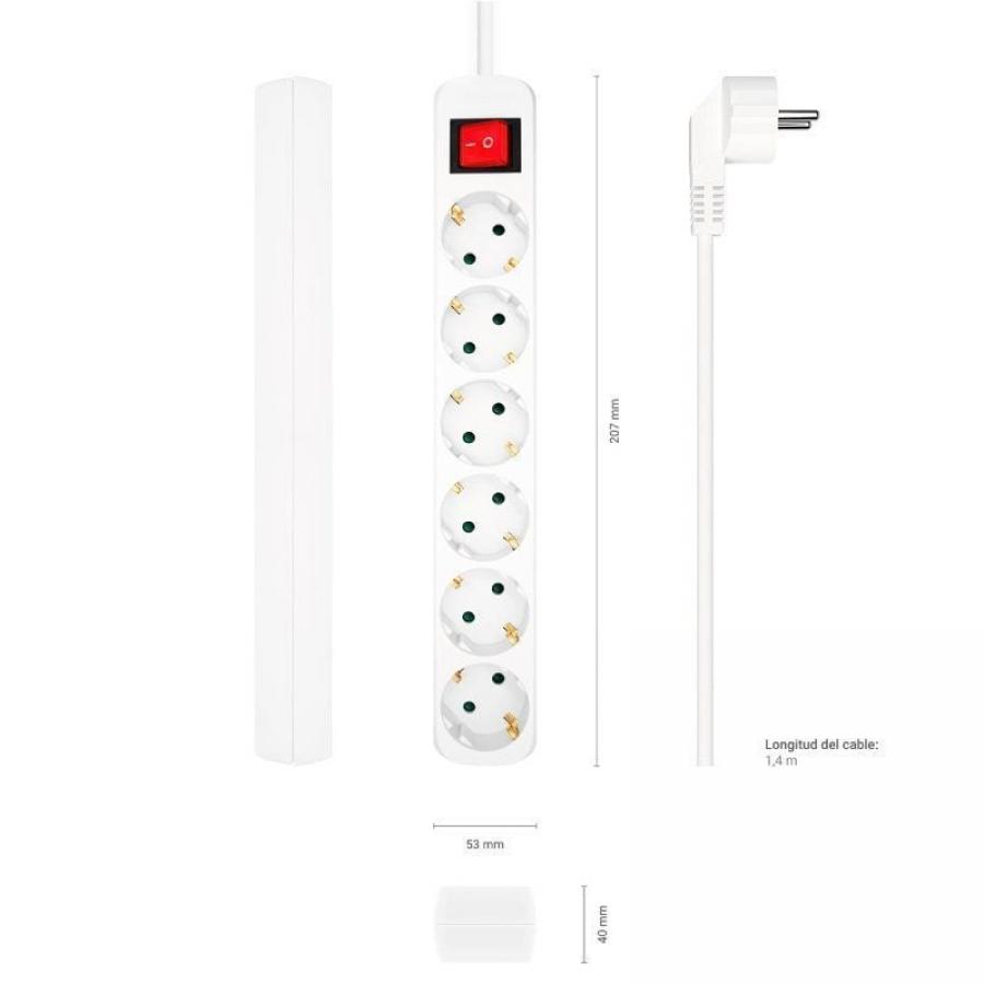 Regleta con Interruptor Aisens A154-0535/ 6 Tomas de Corriente/ Cable 1.4m/ Blanco