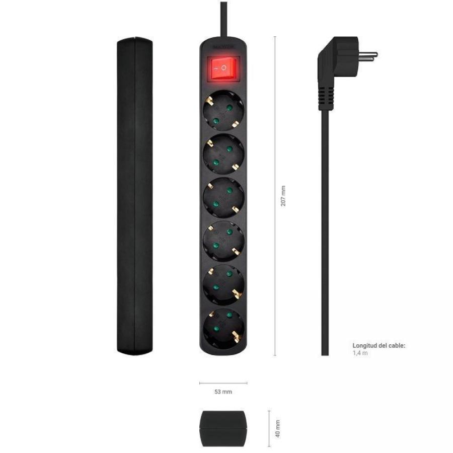 Regleta con Interruptor Aisens A154-0536/ 6 Tomas de Corriente/ Cable 1.4m/ Negro