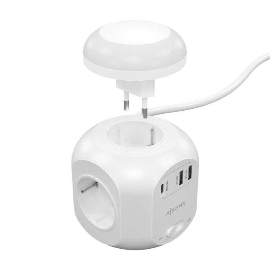Regleta con Interruptor y Luz Nocturna Aisens ASPS-2A1CLPQ02-W/ 4 Tomas de Corriente/ 1 USB Tipo-C PD/ 2 USB/ Cable 1.8m/ Blanco