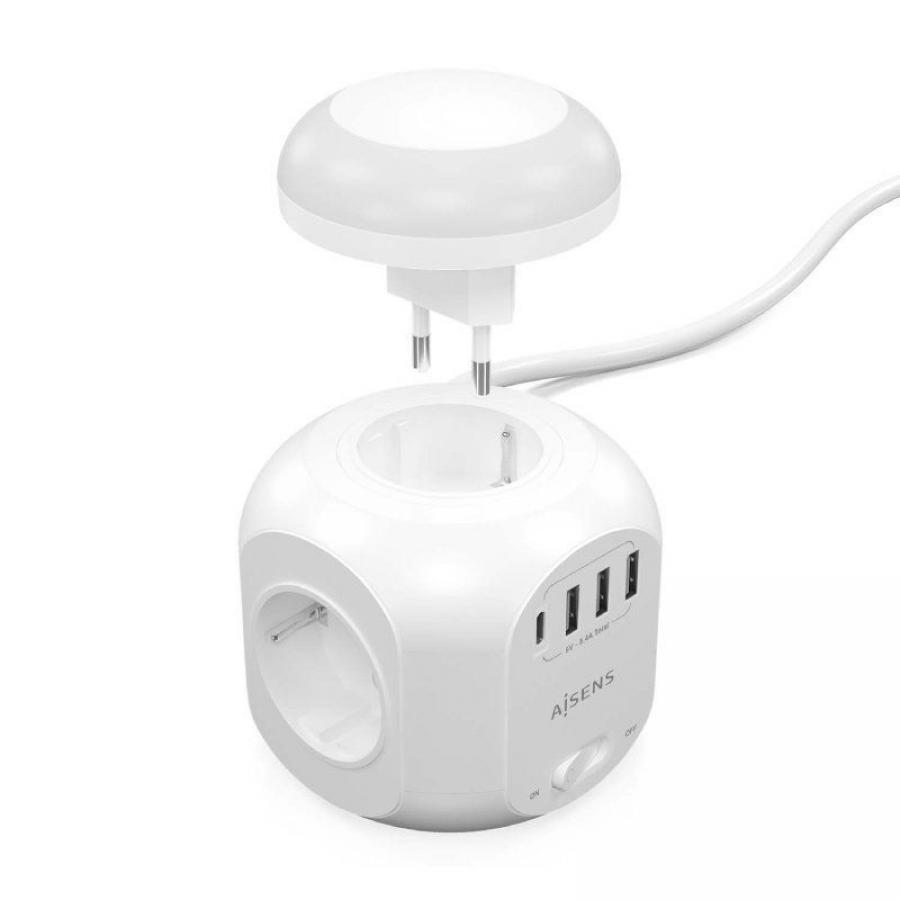 Regleta con Interruptor y Luz Nocturna Aisens ASPS-3A1CL01-W/ 4 Tomas de Corriente/ 1 USB Tipo-C/ 3 USB/ Cable 1.8m/ Blanco