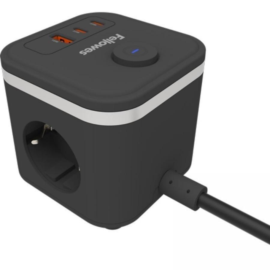 Regleta con Interruptor Fellowes/ 3 Tomas de corriente/ 1 USB - 2 USB Tipo-C/ Cable 2m/ Negra