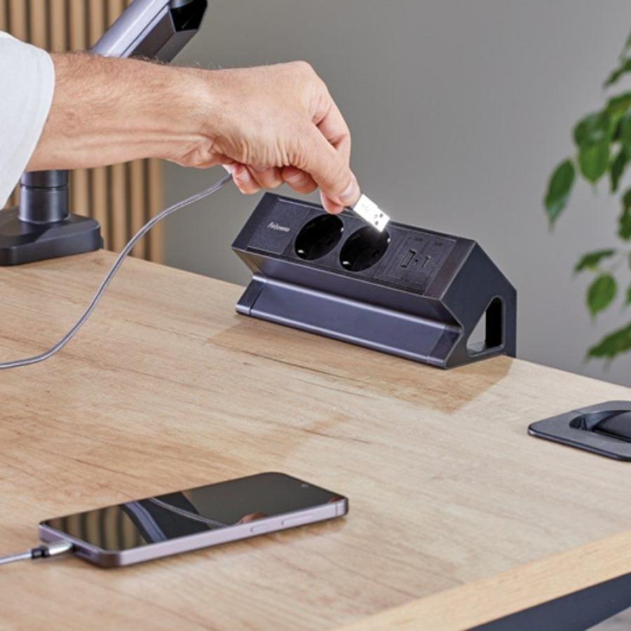 Regleta Sobremesa Fellowes 100137182/ 2 Tomas de corriente/ 1 USB - 1 USB Tipo-C/ Cable 2m/ Negra