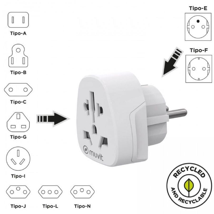 Enchufe Universal Muvit For Change MCADP0007/ 1 Toma de Corriente/ Blanco