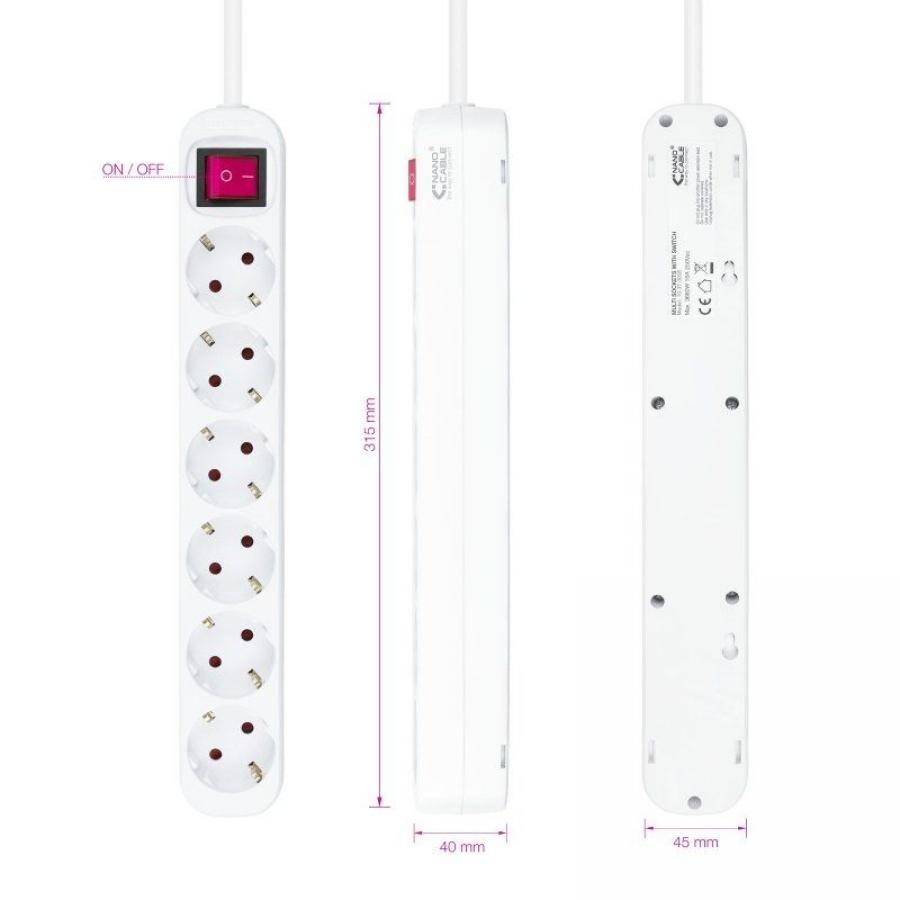 Regleta con Interruptor Nanocable 10.37.0006/ 6 Tomas de Corriente/ Cable 1.4m/ Blanca