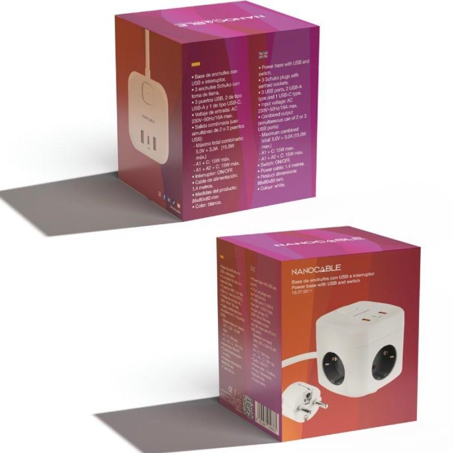 Regleta Nanocable 10.37.0011/ 3 Tomas de corriente/ 2 USB - 1 USB Tipo-C/ Cable 1.4m/ Blanca